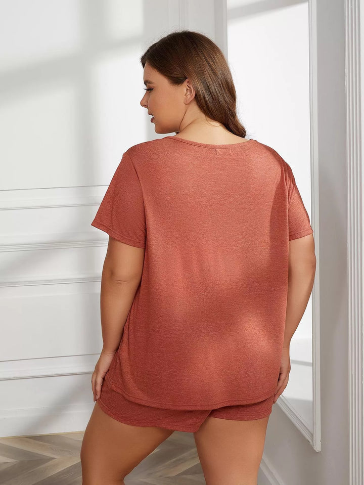 Plus Size Round Neck Short Sleeve Two-Piece Loungewear Set - 3IN SMART Shop  #