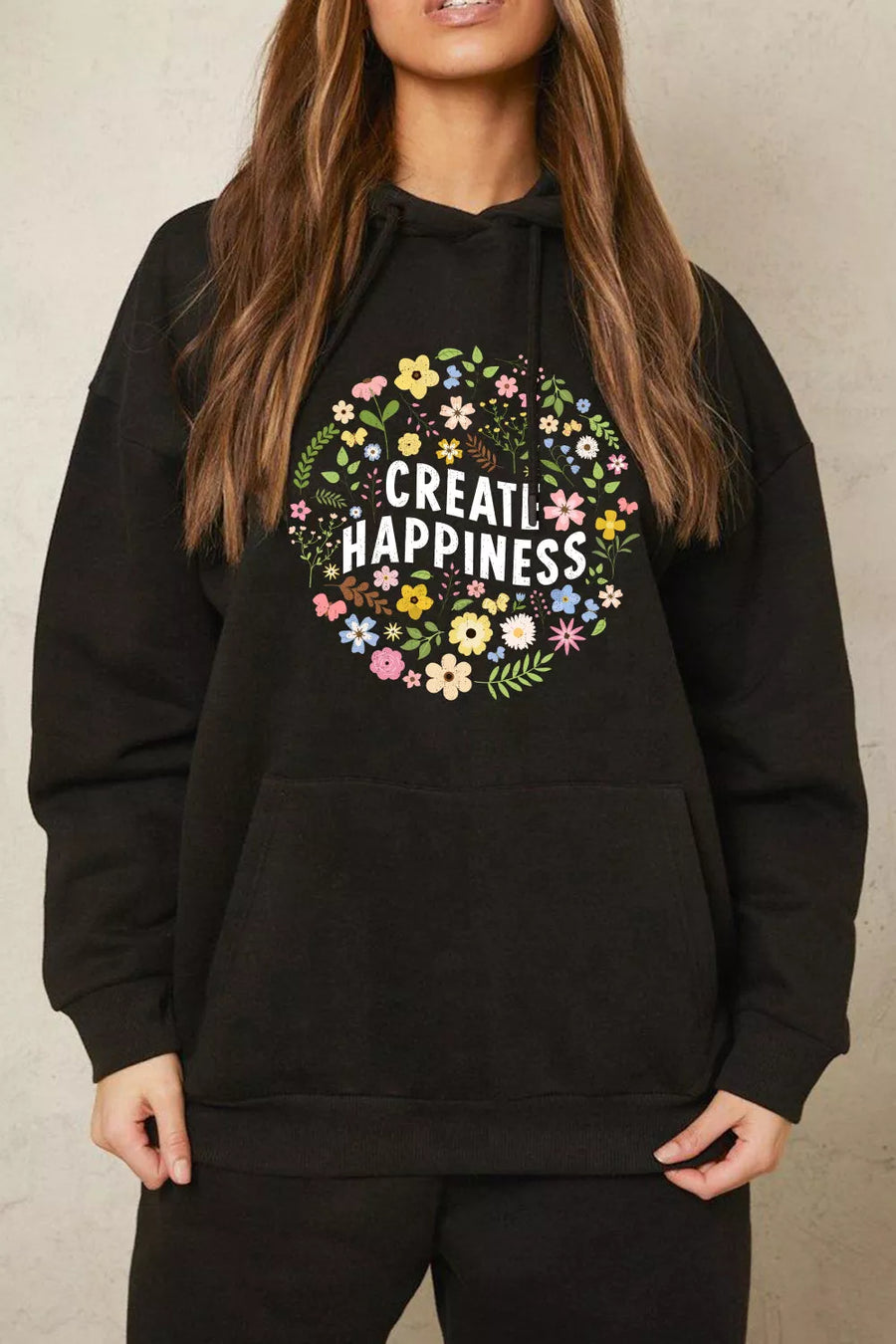 Full Size CREATE HAPPINESS Graphic Hoodie - 3IN SMART Shop  #