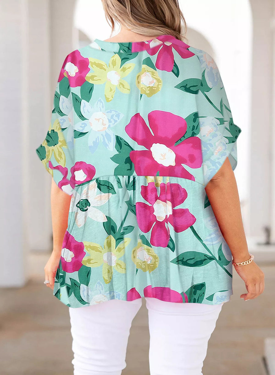 Plus Size Printed Notched Neck Half Sleeve Top - 3IN SMART Shop  #