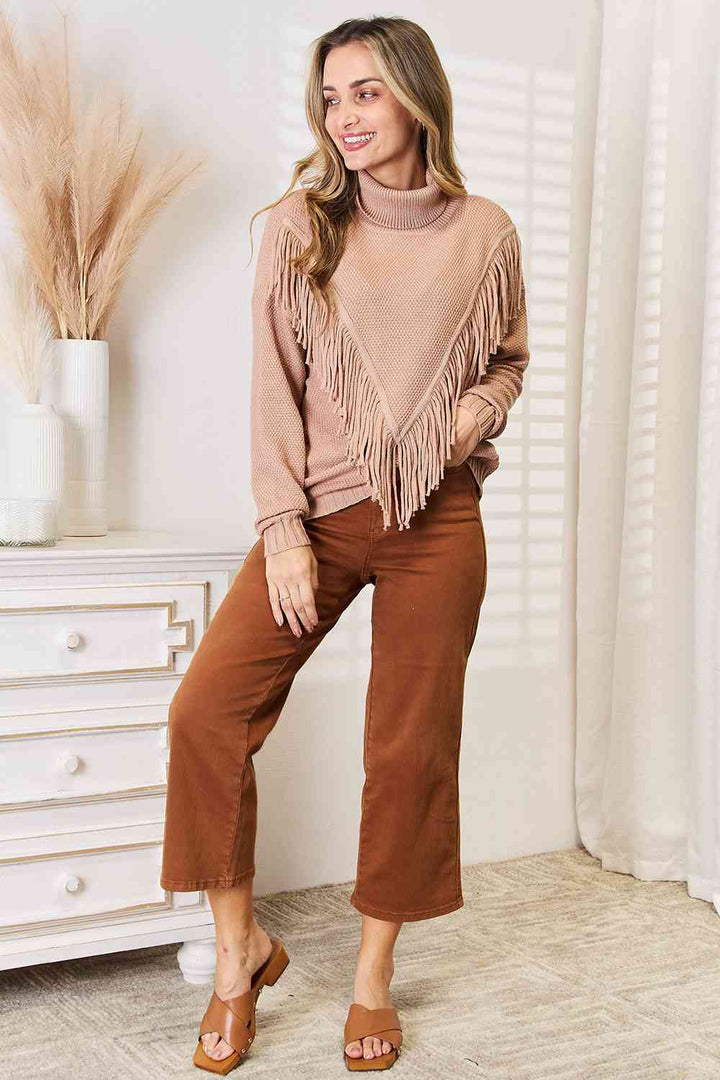 Woven Right Turtleneck Fringe Front Long Sleeve Sweater - 3IN SMART Shop  #