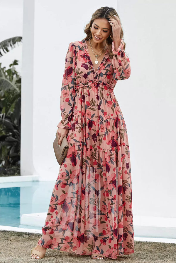 Floral Frill Trim Flounce Sleeve Plunge Maxi Dress - 3IN SMART Shop  #