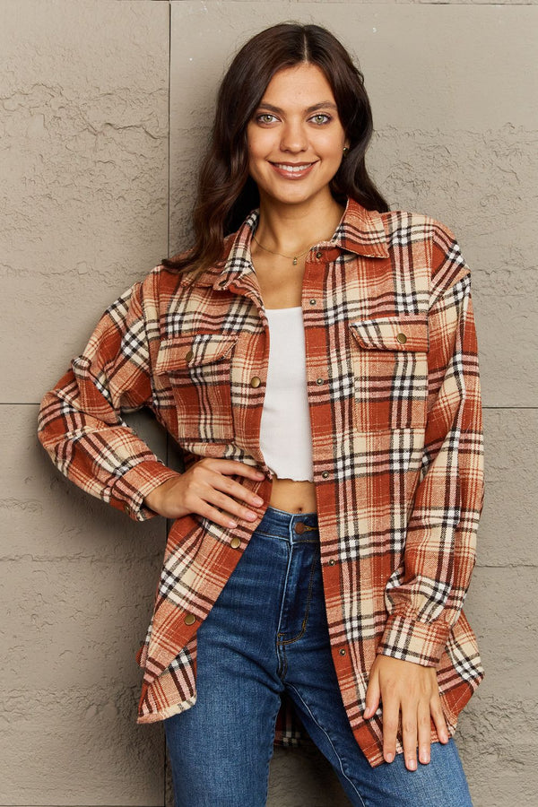 Full Size Plaid Collared Neck Button-Down Long Sleeve Jacket - 3IN SMART Shop  #