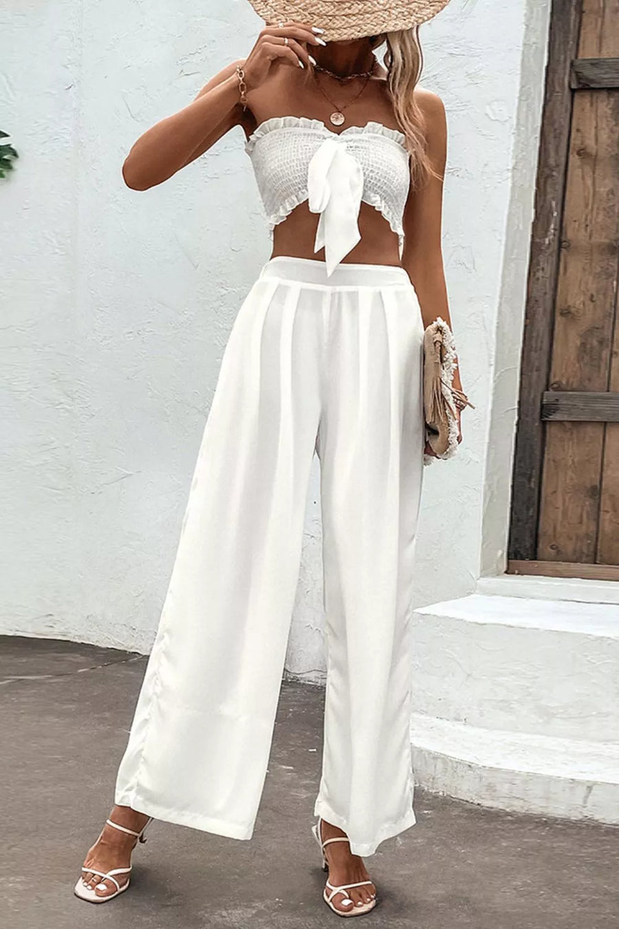 Smocked Tube Top and Wide Leg Pants Set - 3IN SMART Shop  #