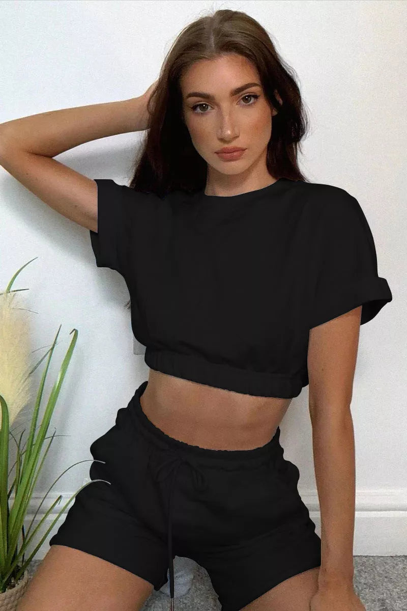 Short Sleeve Cropped Top and Drawstring Shorts Lounge Set - 3IN SMART Shop  #