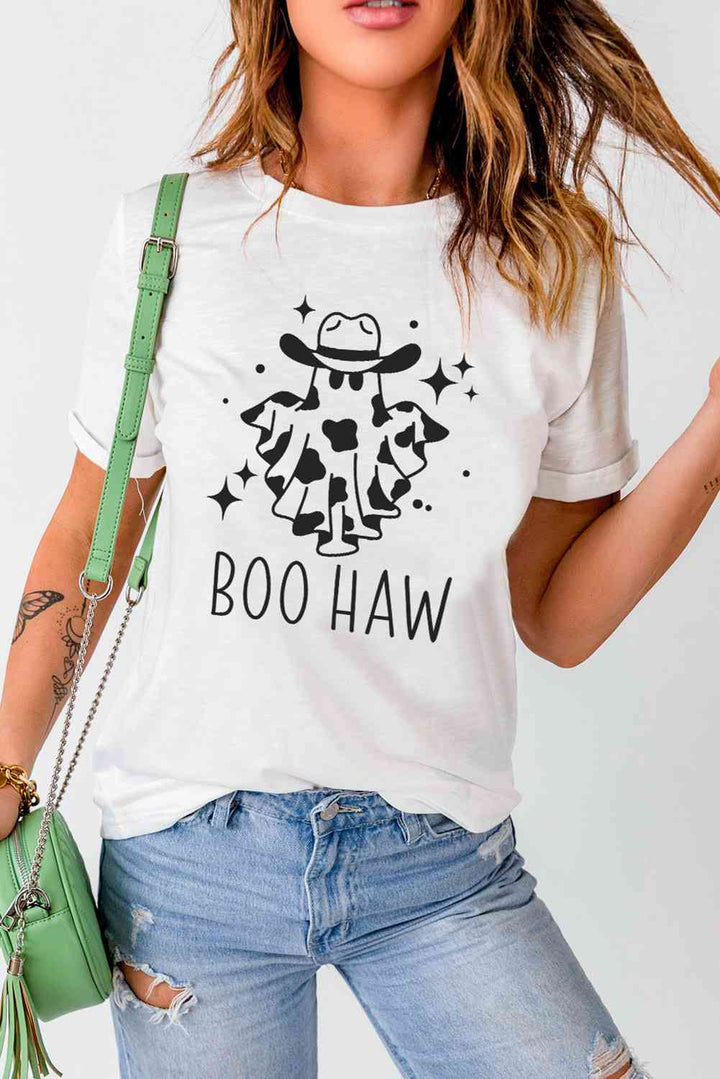 V-Neck Short Sleeve BOO HAW Ghost Graphic T-Shirt - 3IN SMART Shop  #