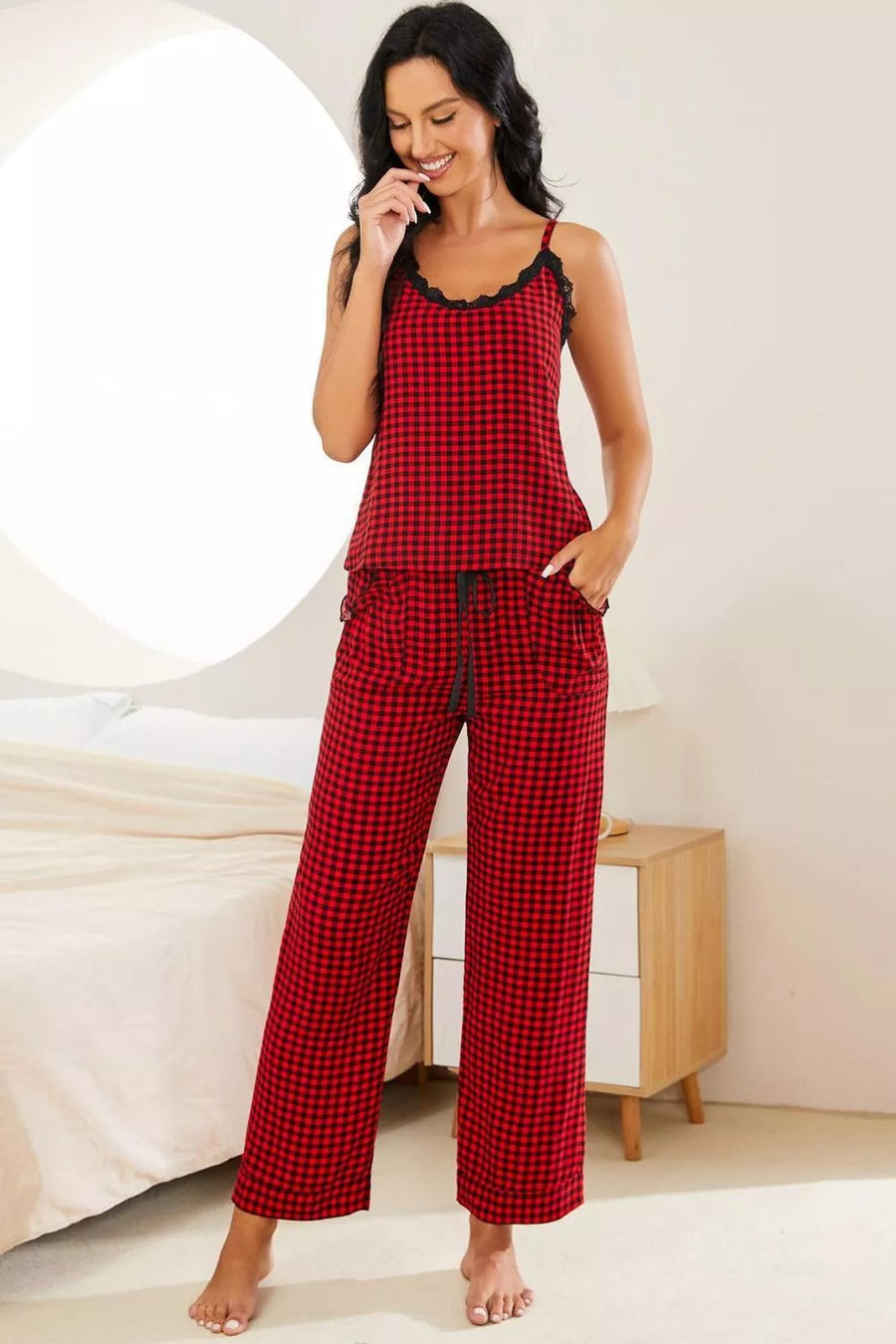 Plaid Lace Drawstring Pants Pajama Set - 3IN SMART Shop  #