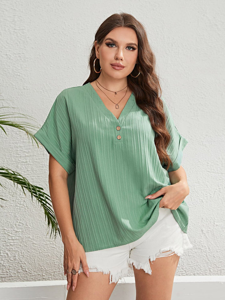 Plus Size Buttoned V-Neck Short Sleeve Top - 3IN SMART Shop  #