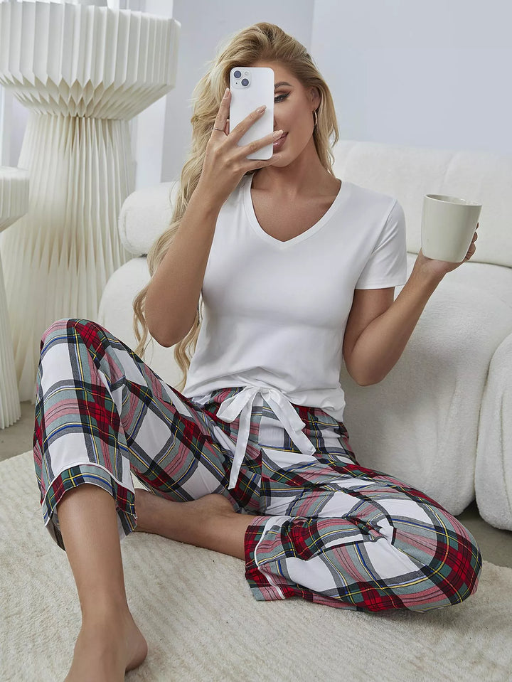 V-Neck Tee and Plaid Pants Lounge Set - 3IN SMART Shop  #