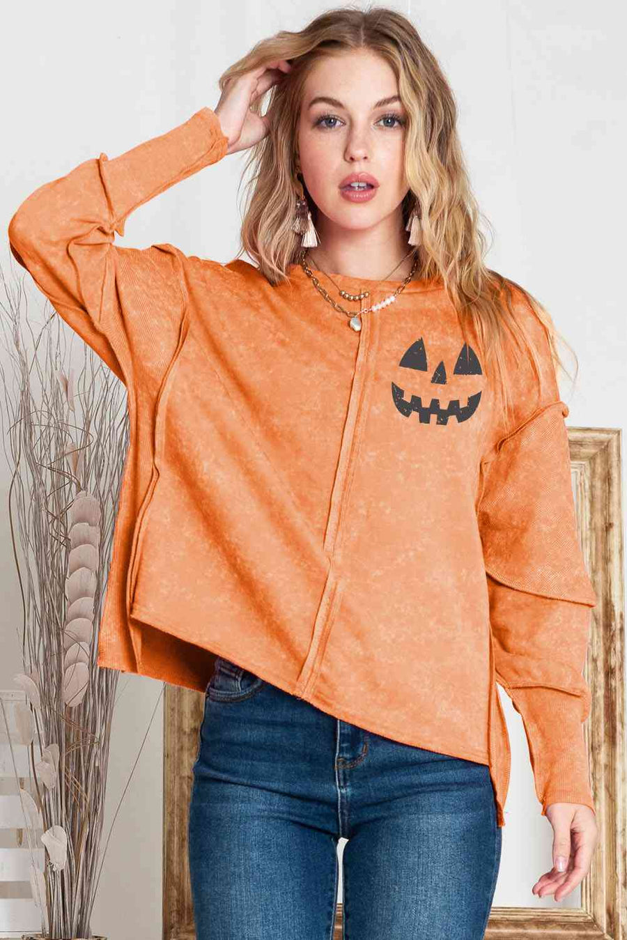 Round Neck Long Sleeve Jack-O'-Lantern Graphic Blouse - 3IN SMART Shop  #