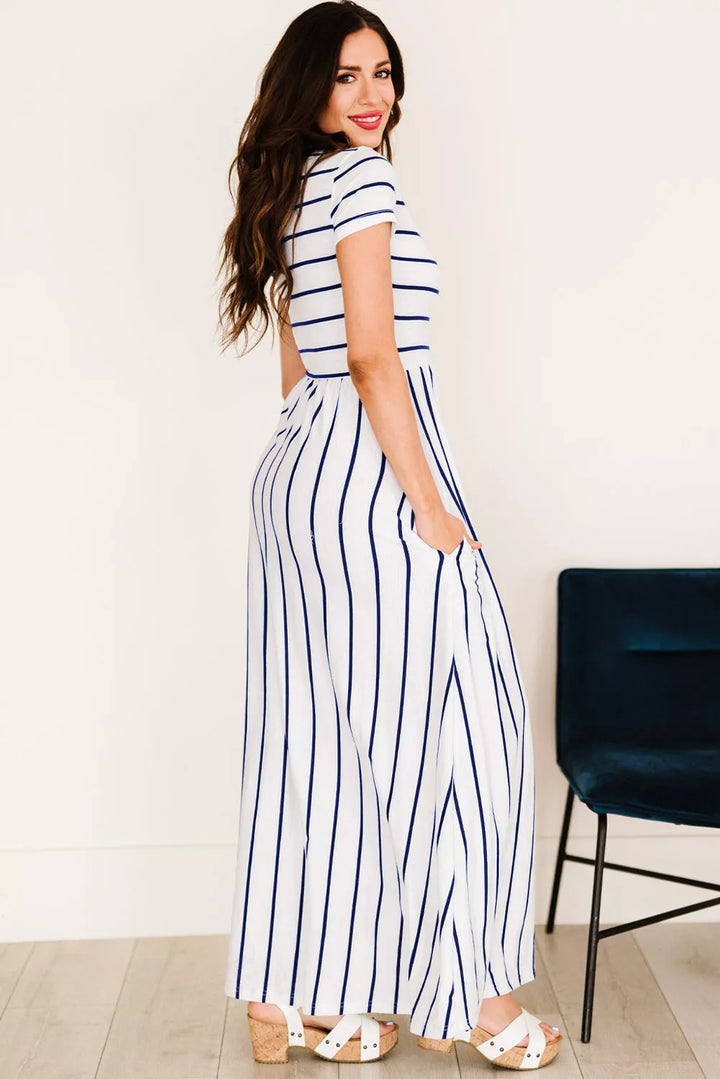 Striped Short Sleeve Crewneck Maxi Dress - 3IN SMART Shop  #
