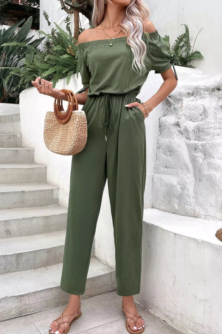 Off-Shoulder Tie Cuff Jumpsuit with Pockets - 3IN SMART Shop  #